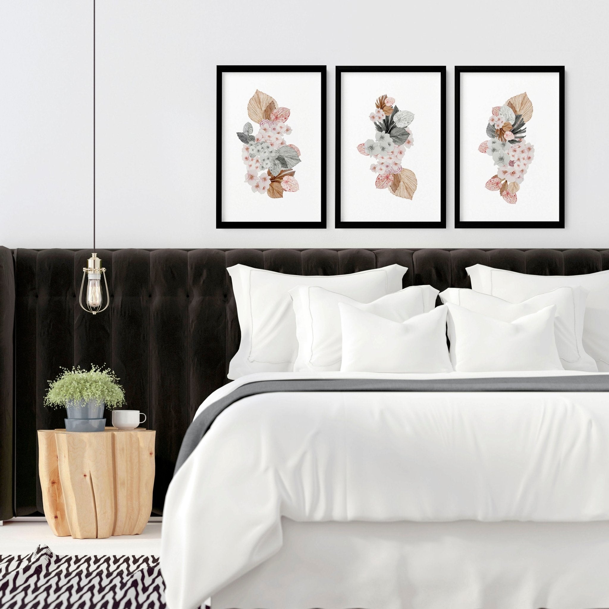 Set of 3 shabby chic wall art prints featuring delicate floral bouquets in soft blush pink and grey tones, perfect for bedroom decor.