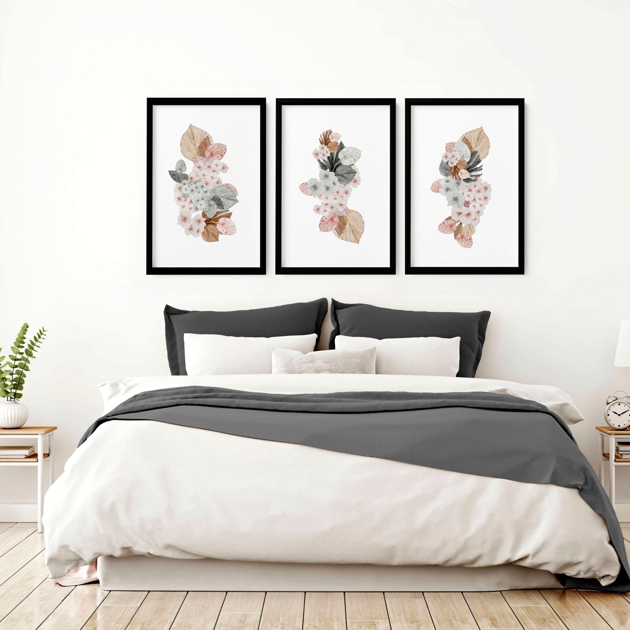 Set of 3 shabby chic wall art prints featuring delicate floral bouquets in soft blush pink and grey tones, perfect for bedroom decor.