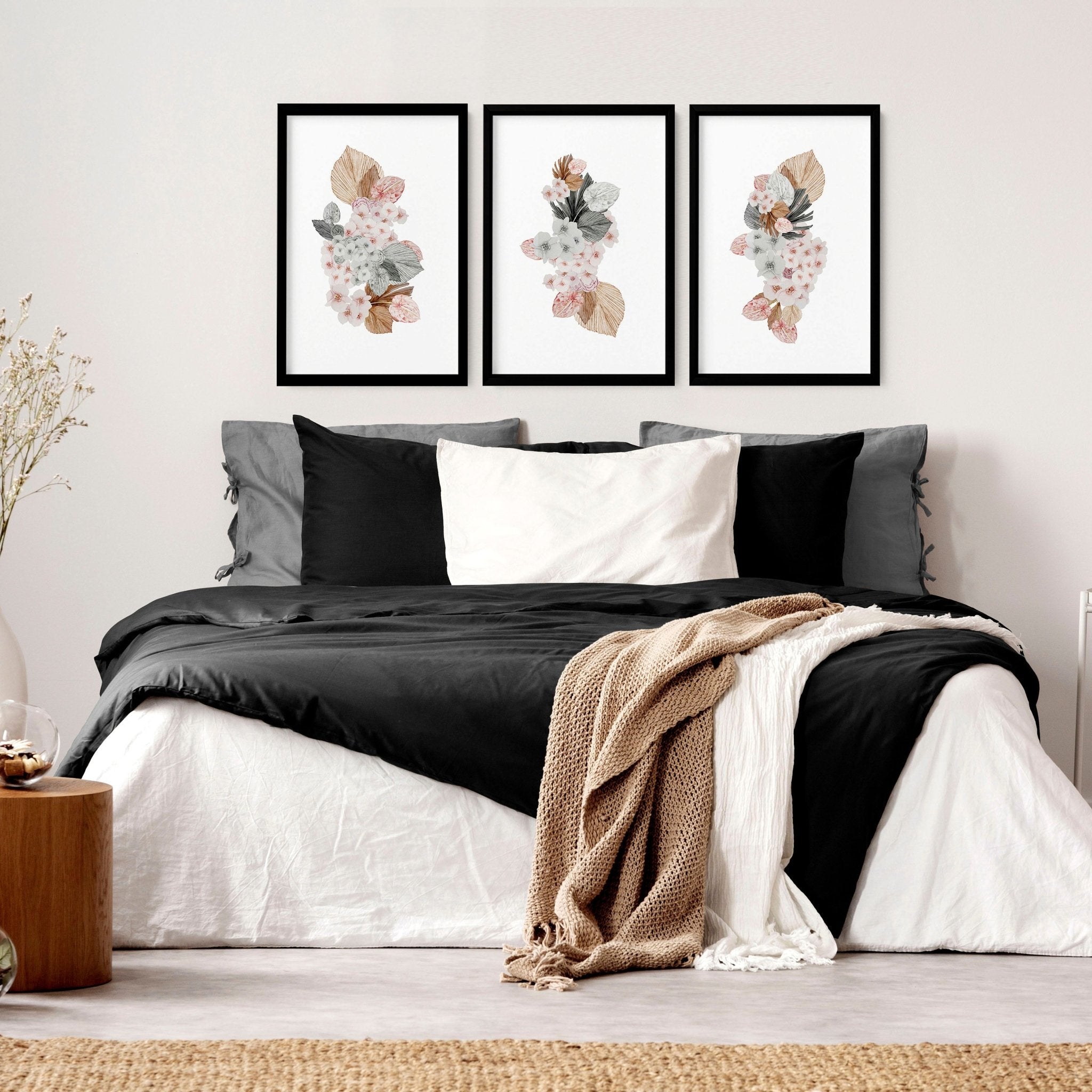 Set of 3 shabby chic wall art prints featuring delicate floral bouquets in soft blush pink and grey tones, perfect for bedroom decor.