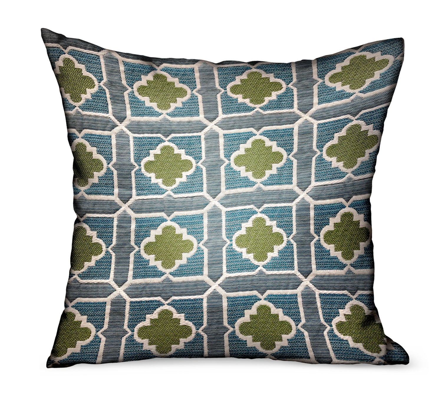 Shamrock Gem Blue and Green Geometric Luxury Throw Pillow showcasing vibrant colors and unique geometric patterns, perfect for indoor and outdoor decor.