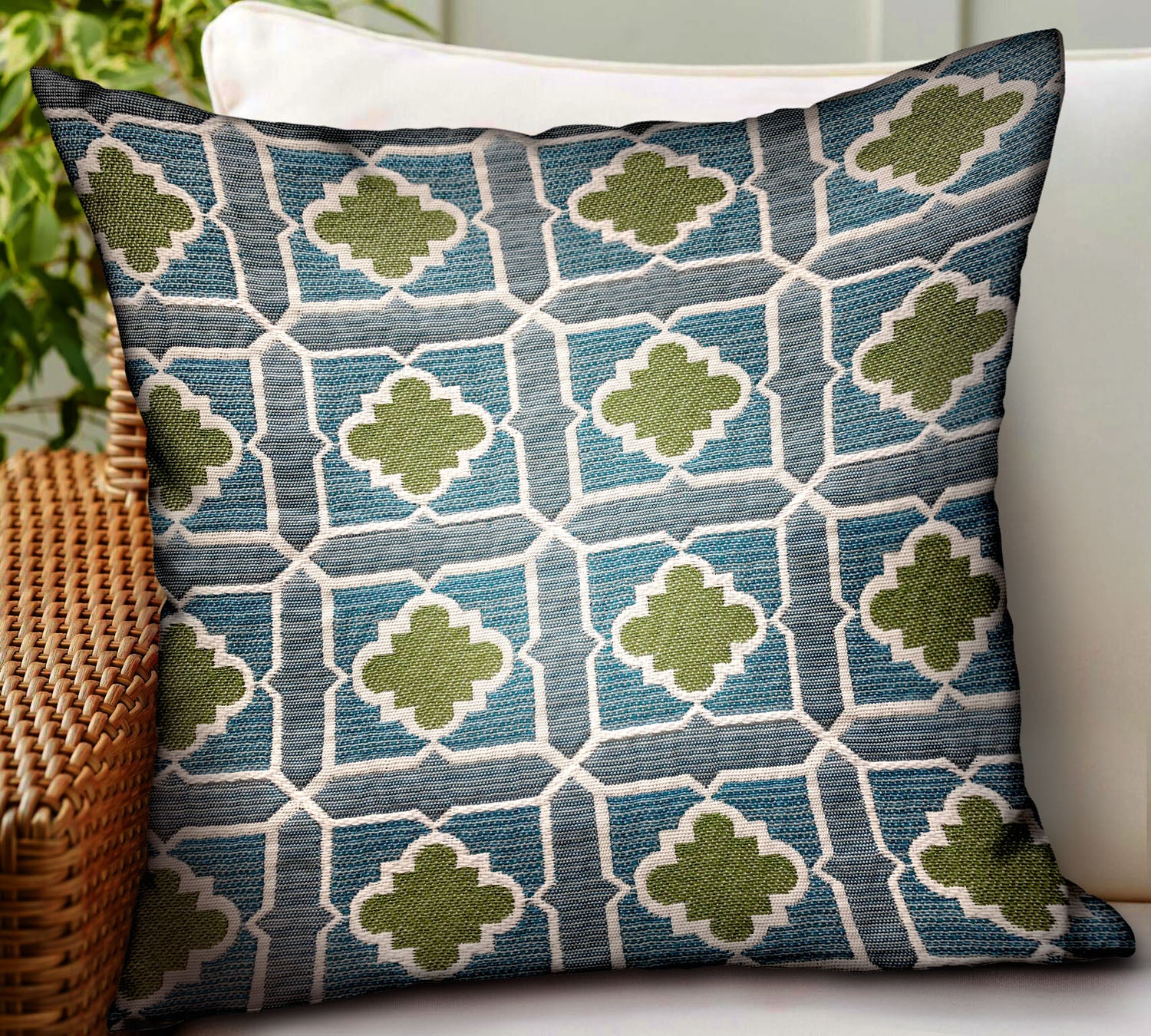 Shamrock Gem Blue and Green Geometric Luxury Throw Pillow showcasing vibrant colors and unique geometric patterns, perfect for indoor and outdoor decor.
