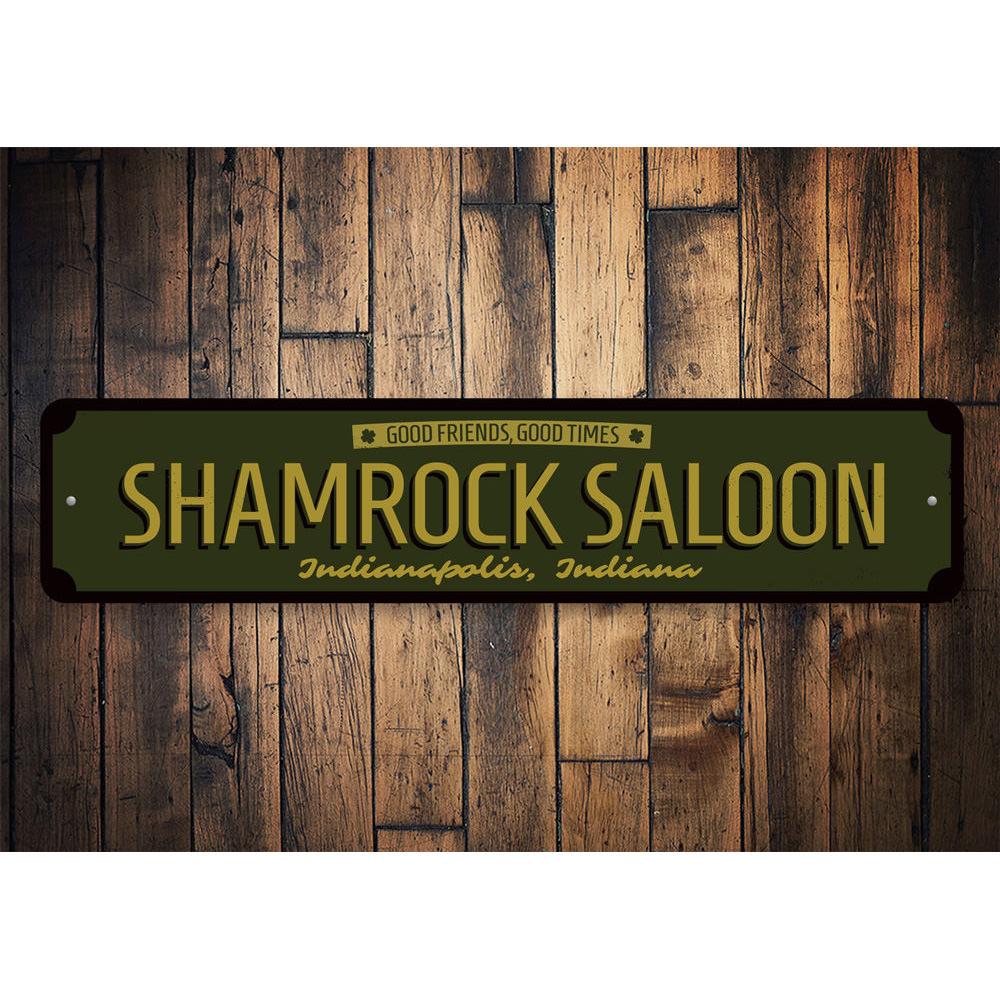 Shamrock Saloon Sign made of high-quality aluminum, featuring a vibrant design perfect for home decor.