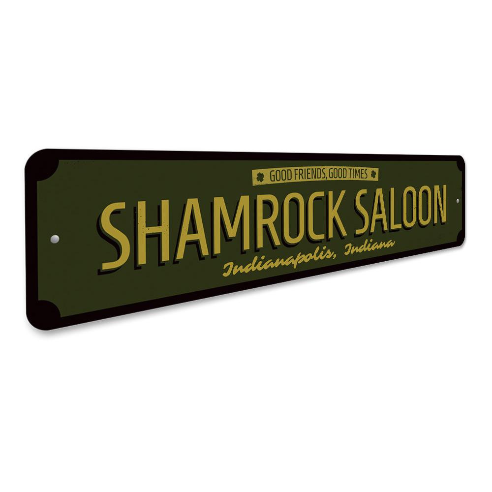 Shamrock Saloon Sign made of high-quality aluminum, featuring a vibrant design perfect for home decor.