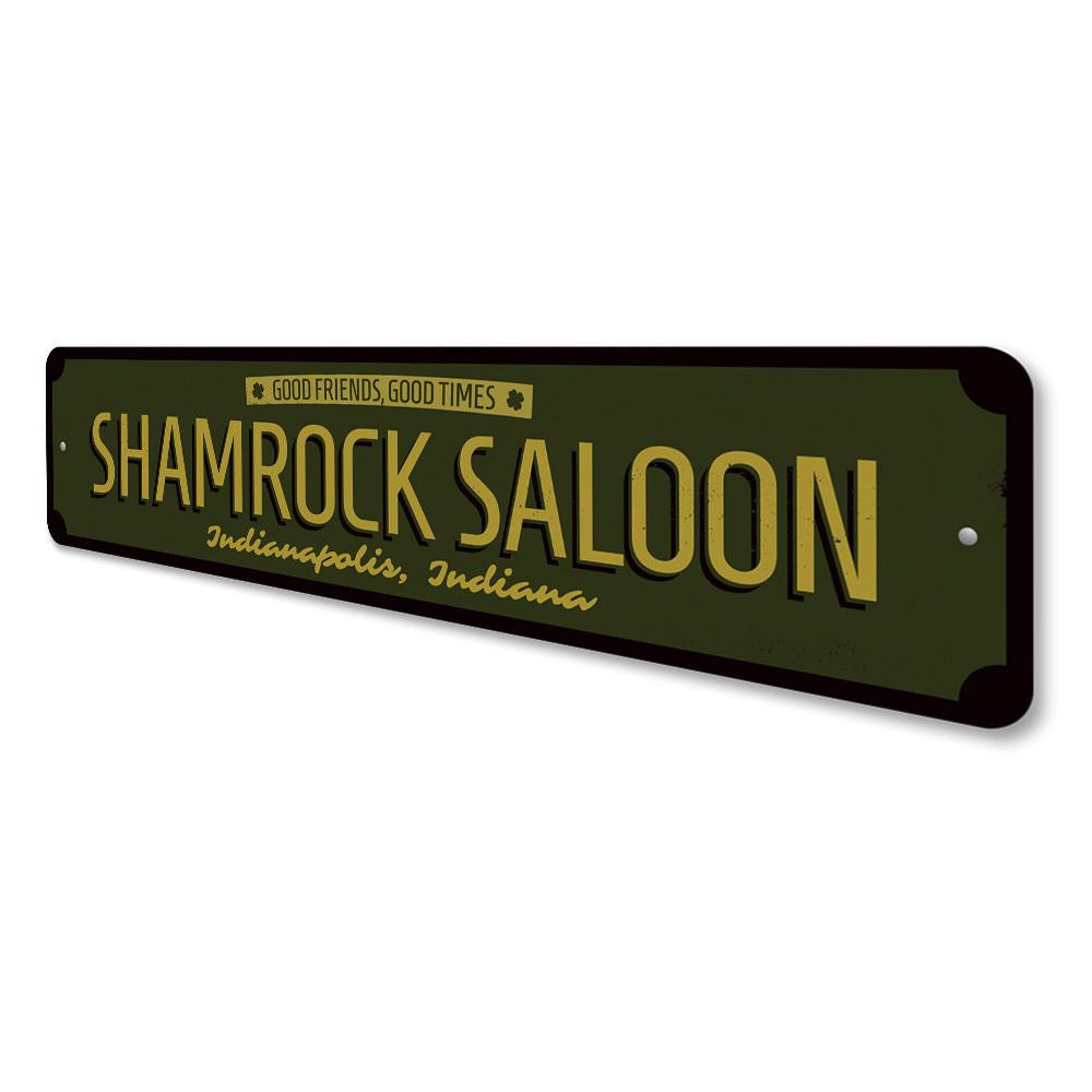 Shamrock Saloon Sign made of high-quality aluminum, featuring a vibrant design perfect for home decor.