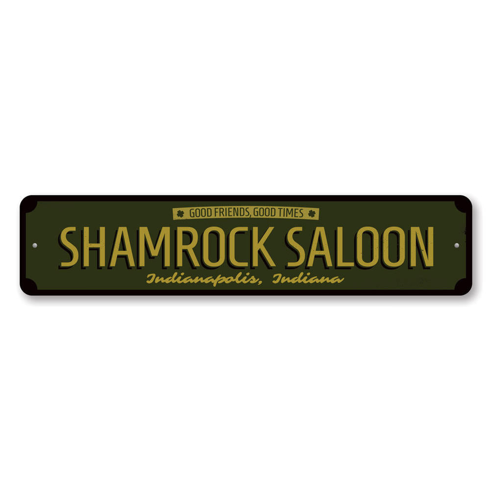 Shamrock Saloon Sign made of high-quality aluminum, featuring a vibrant design perfect for home decor.