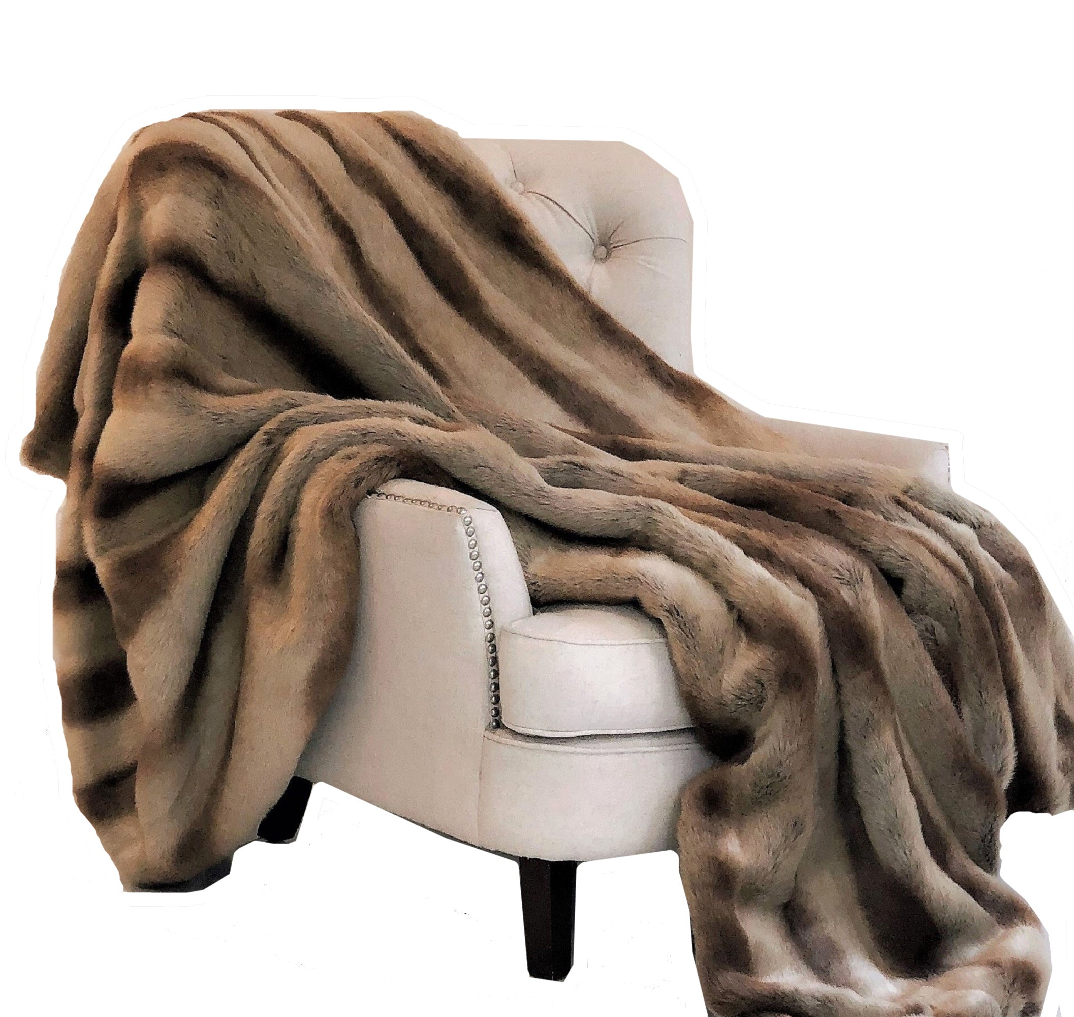A luxurious Sheared Faux Chinchilla Throw in beige, tan, and gold-ish brown colors, showcasing its soft and plush texture.