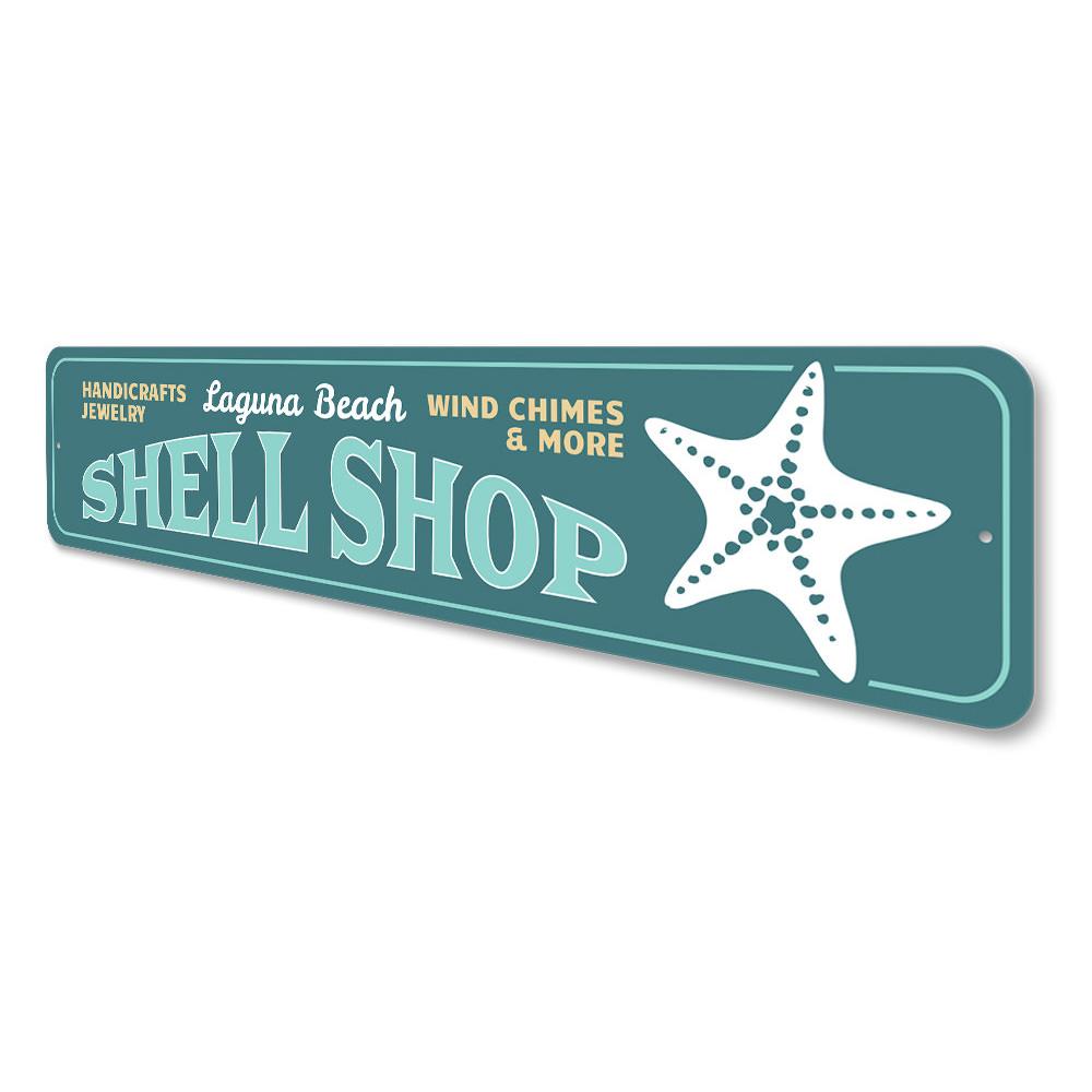 Customizable Shell Shop Sign made from high-quality aluminum, perfect for beach-themed decor.