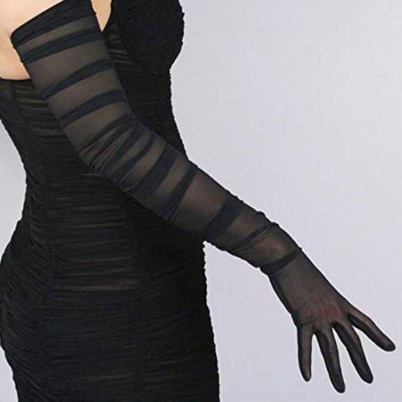 Elegant sheer black opera gloves made of tulle, perfect for formal occasions.