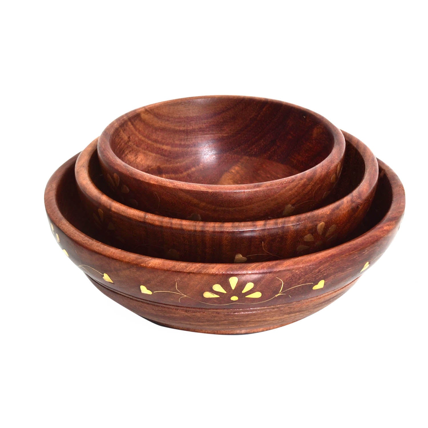 Set of three handmade Sheesham wood serving bowls with intricate copper inlay floral designs, showcasing their elegant craftsmanship.
