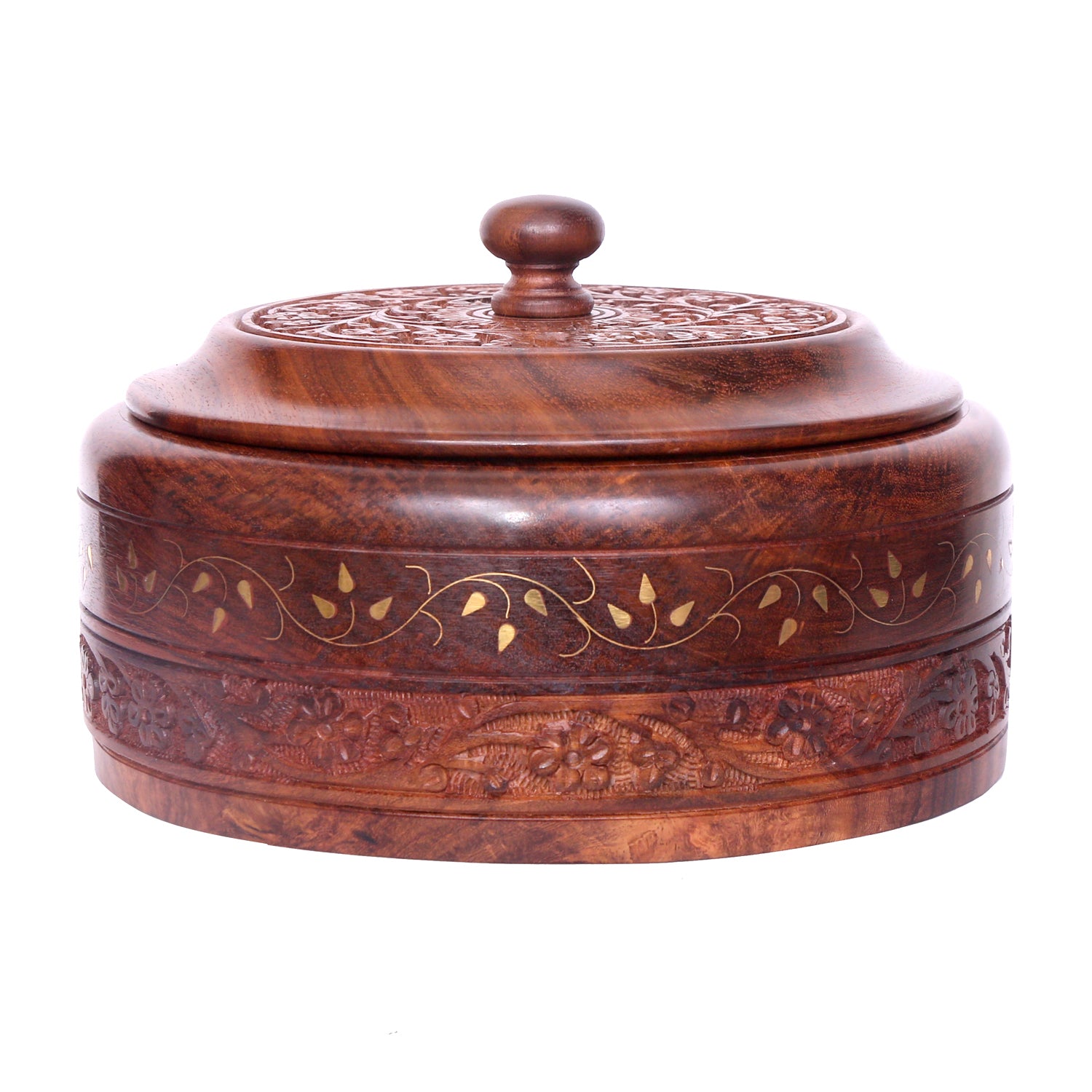 Sheesham wood hot pot casserole dish with lid, featuring intricate hand-carved designs and a stainless steel interior, ideal for serving chapati.