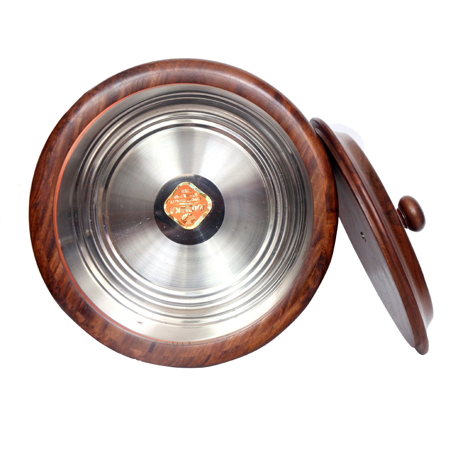 Sheesham wood hot pot casserole dish with lid, featuring intricate hand-carved designs and a stainless steel interior, ideal for serving chapati.