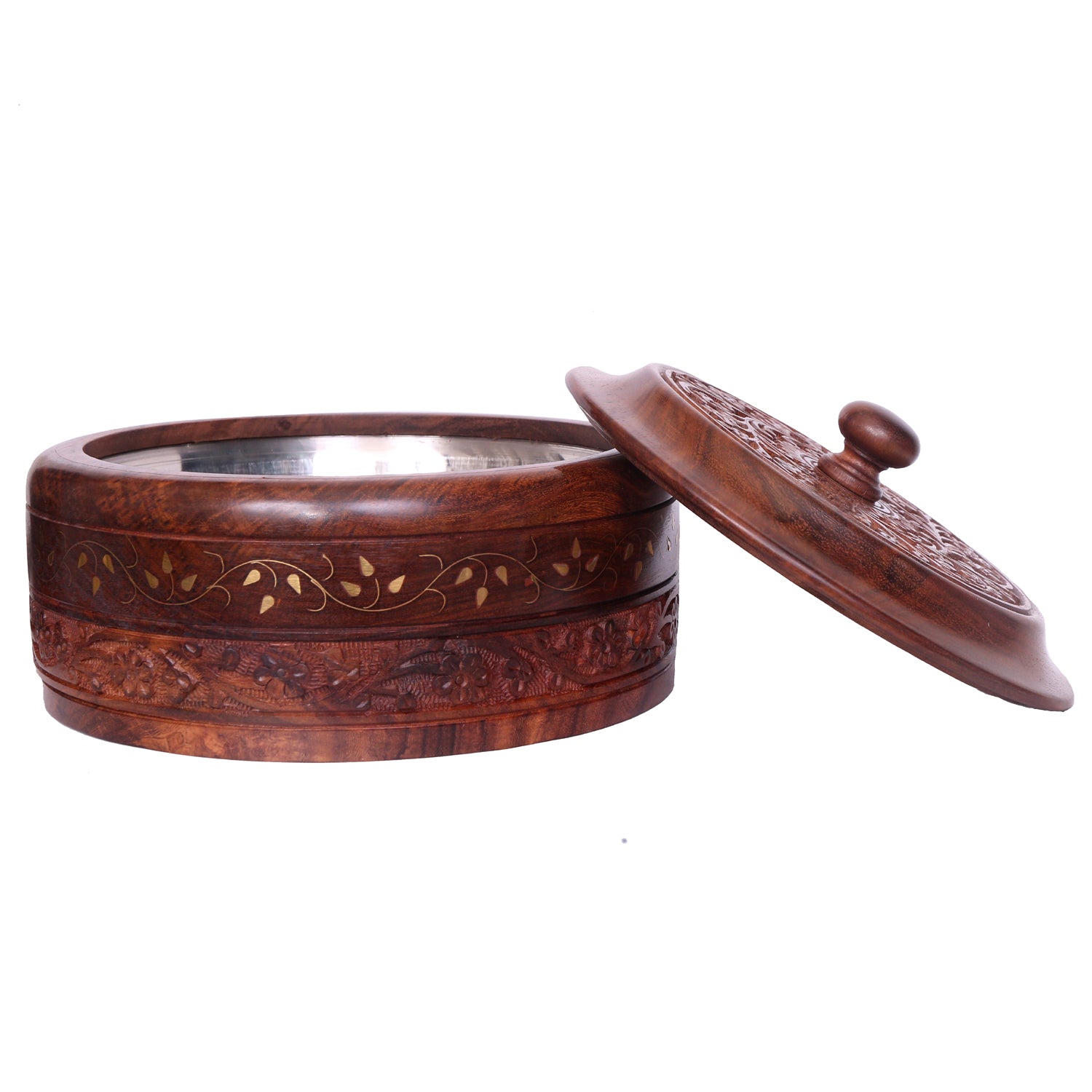 Sheesham wood hot pot casserole dish with lid, featuring intricate hand-carved designs and a stainless steel interior, ideal for serving chapati.