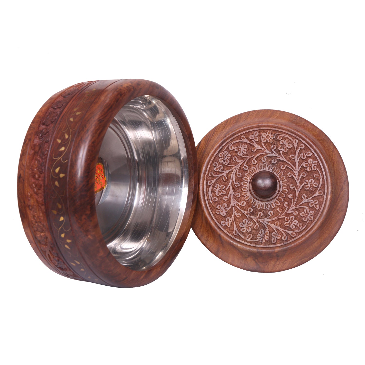 Sheesham wood hot pot casserole dish with lid, featuring intricate hand-carved designs and a stainless steel interior, ideal for serving chapati.