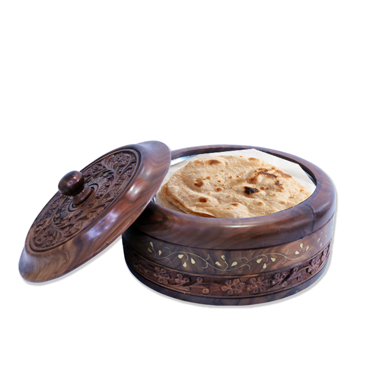 Sheesham wood hot pot casserole dish with lid, featuring intricate hand-carved designs and a stainless steel interior, ideal for serving chapati.