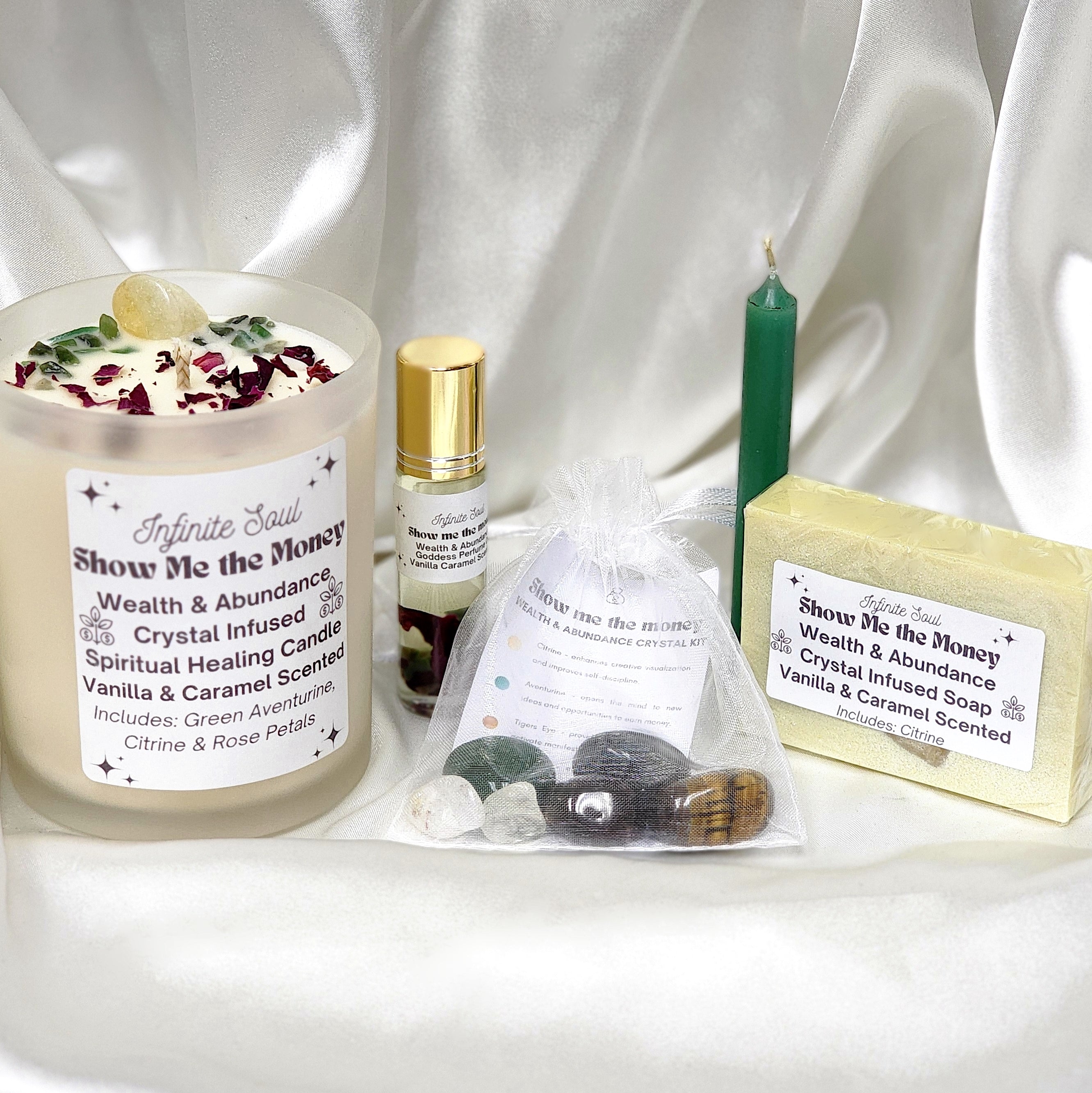 Show Me the Money Wealth & Abundance Bundle featuring crystal-infused candle, soap, healing kit, and perfume oil for manifestation.