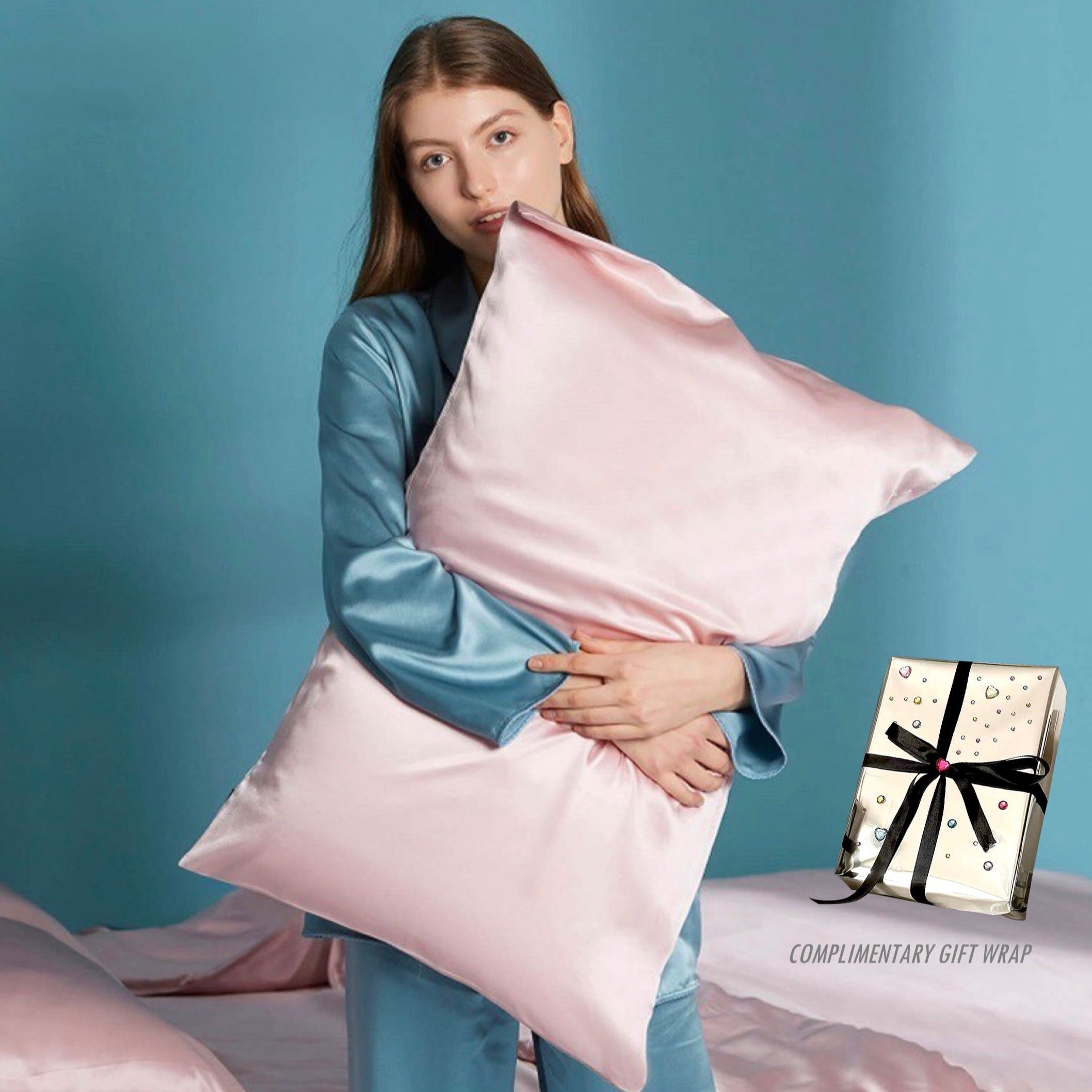 A luxurious set of 2 organic mulberry silk pillowcases, showcasing their smooth texture and elegant design, perfect for beauty sleep.