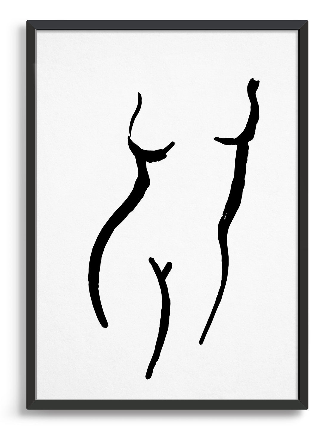 A minimalist line drawing of a female figure in white, set against a black background, showcasing modern art style.