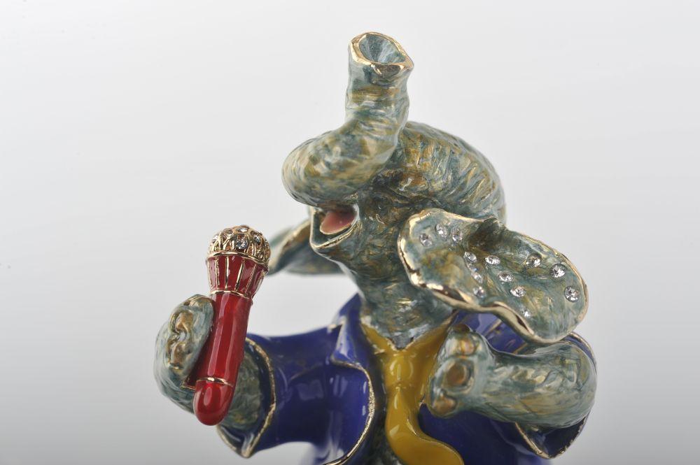Handmade Singing Elephant trinket box with Austrian crystals and 24K gold plating, elegantly designed and painted.