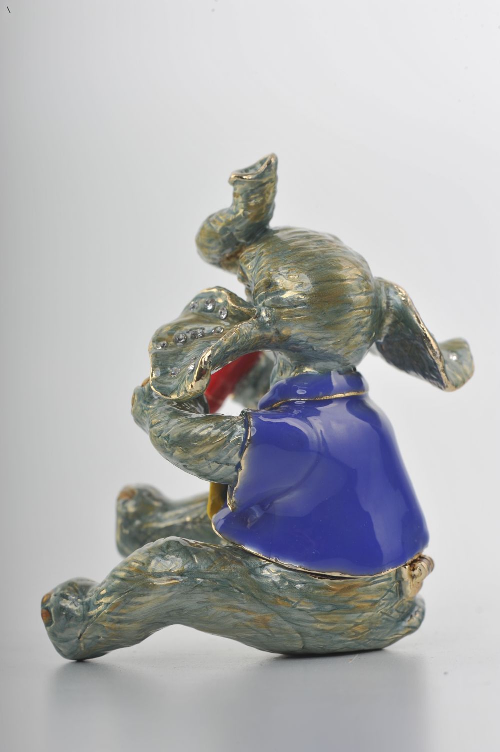 Handmade Singing Elephant trinket box with Austrian crystals and 24K gold plating, elegantly designed and painted.