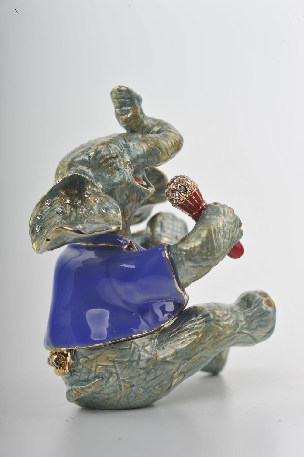 Handmade Singing Elephant trinket box with Austrian crystals and 24K gold plating, elegantly designed and painted.