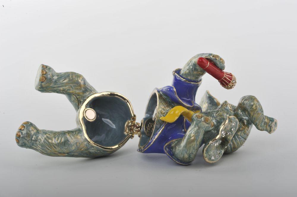 Handmade Singing Elephant trinket box with Austrian crystals and 24K gold plating, elegantly designed and painted.