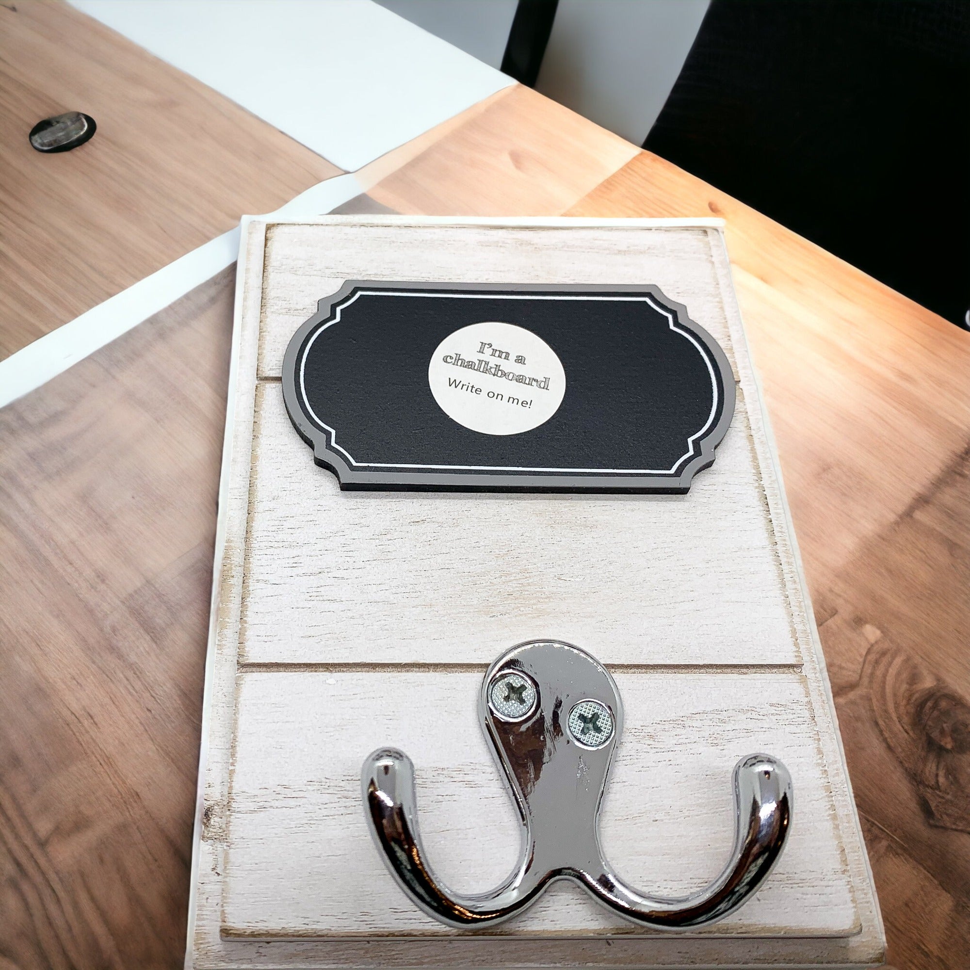 Single Hang Chalkboard with one wooden hook, featuring chalkboard labels for reminders and organization.