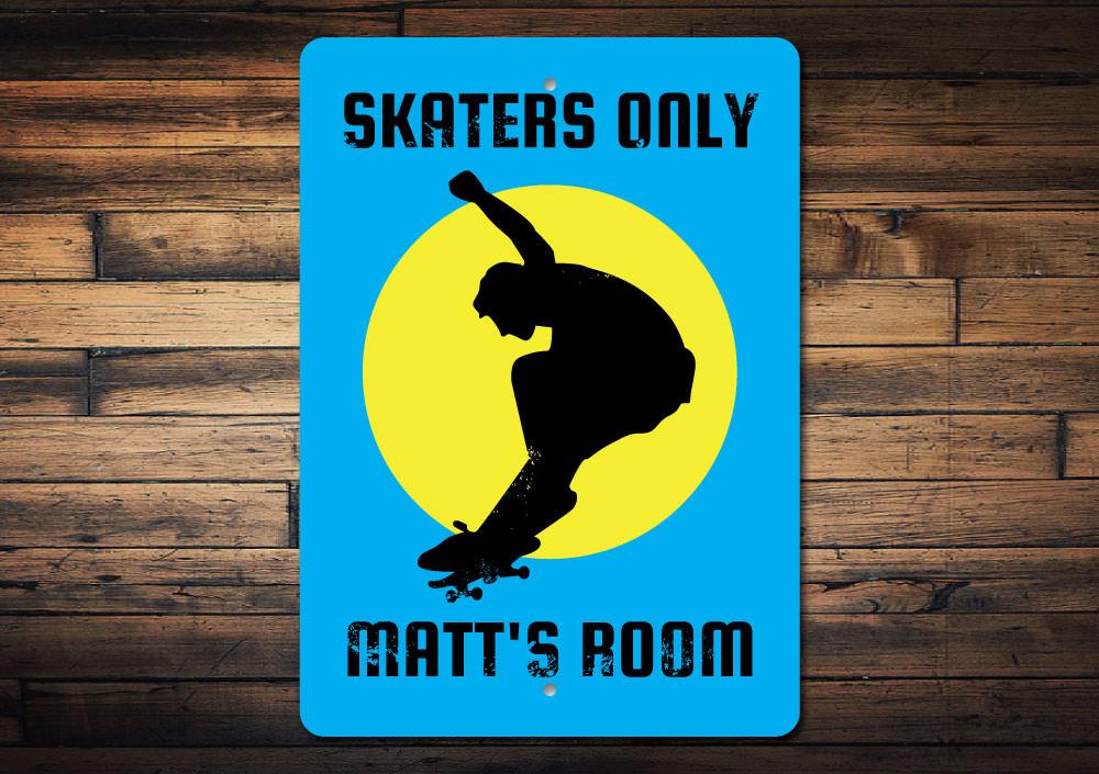 A vibrant Skaters Only sign made of aluminum, featuring a fun design perfect for kids' rooms.