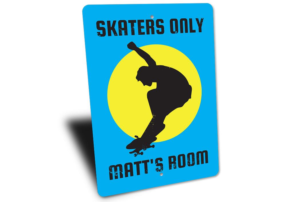 A vibrant Skaters Only sign made of aluminum, featuring a fun design perfect for kids' rooms.