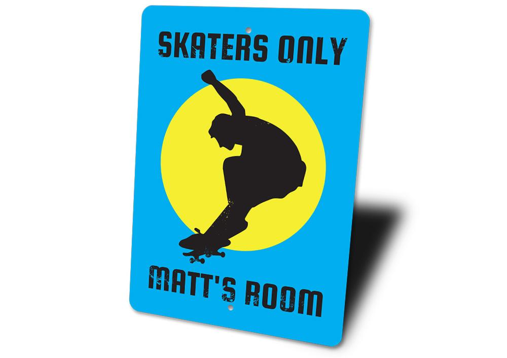 A vibrant Skaters Only sign made of aluminum, featuring a fun design perfect for kids' rooms.