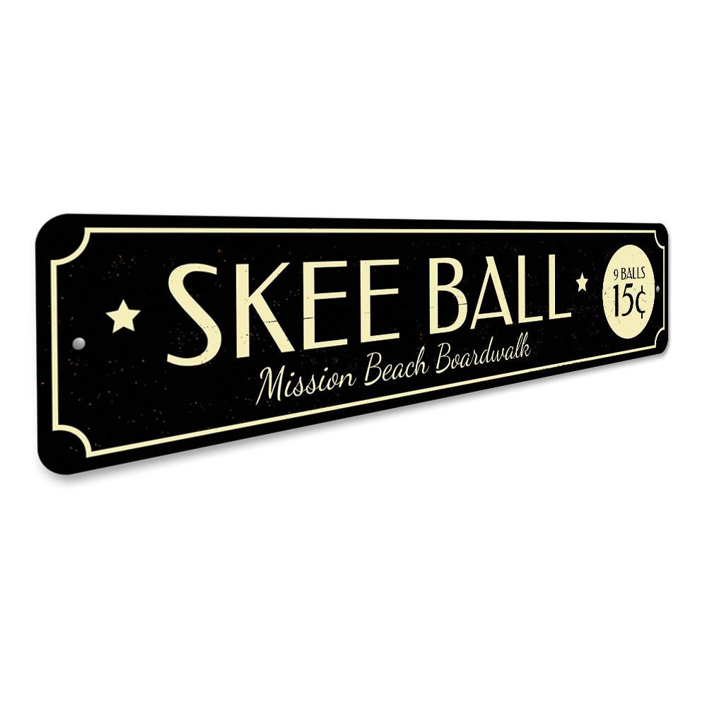 Customizable Skee Ball Sign made from high-quality aluminum, featuring vibrant colors and pre-drilled holes for easy mounting.