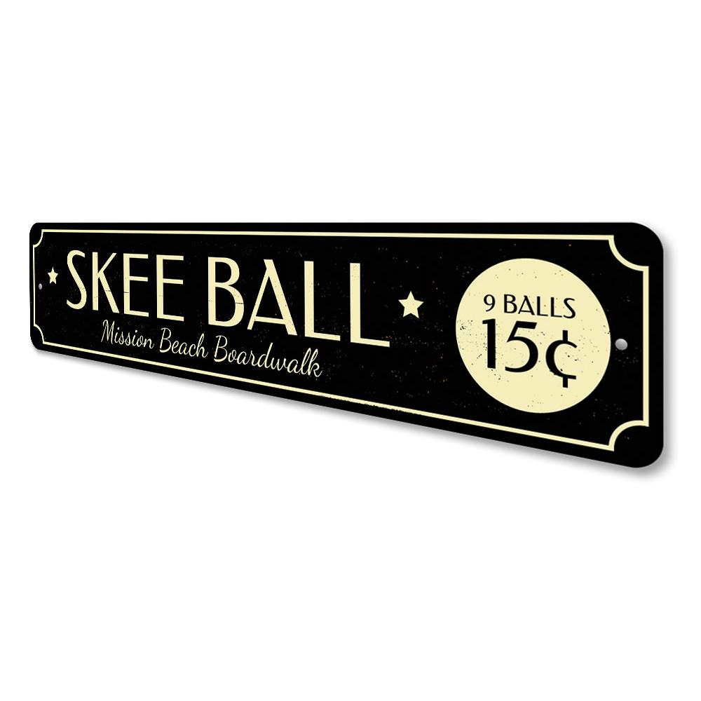 Customizable Skee Ball Sign made from high-quality aluminum, featuring vibrant colors and pre-drilled holes for easy mounting.