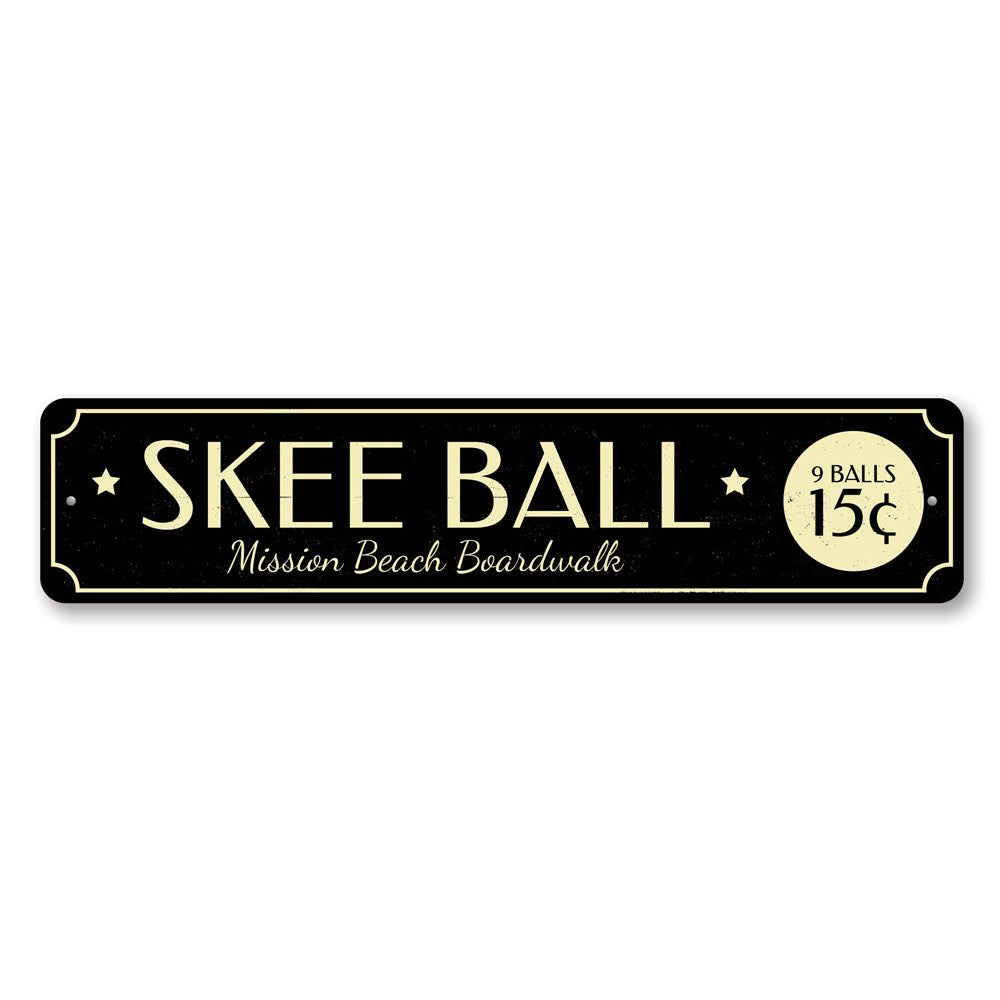 Customizable Skee Ball Sign made from high-quality aluminum, featuring vibrant colors and pre-drilled holes for easy mounting.