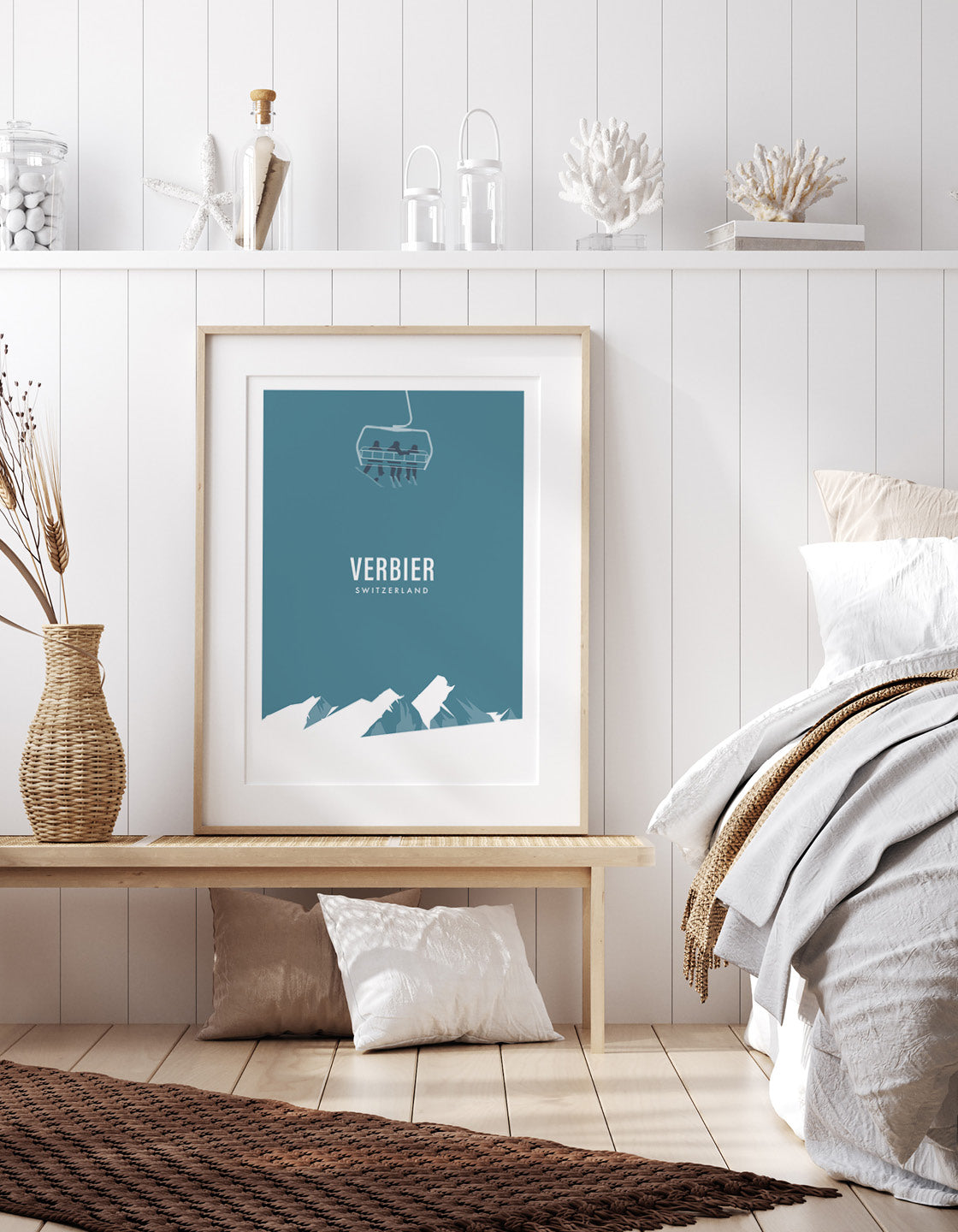 A modern minimal print of a ski chairlift above snow-covered mountains, showcasing a vintage-inspired design.