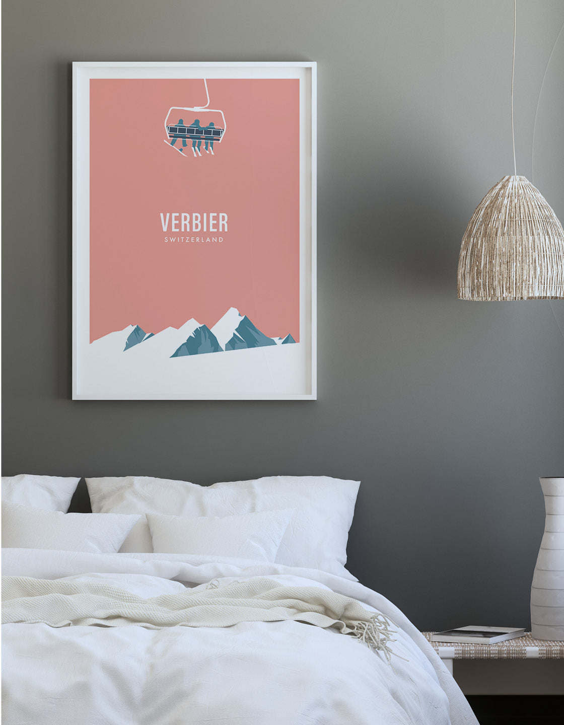 A modern minimal print of a ski chairlift above snow-covered mountains, showcasing a vintage-inspired design.
