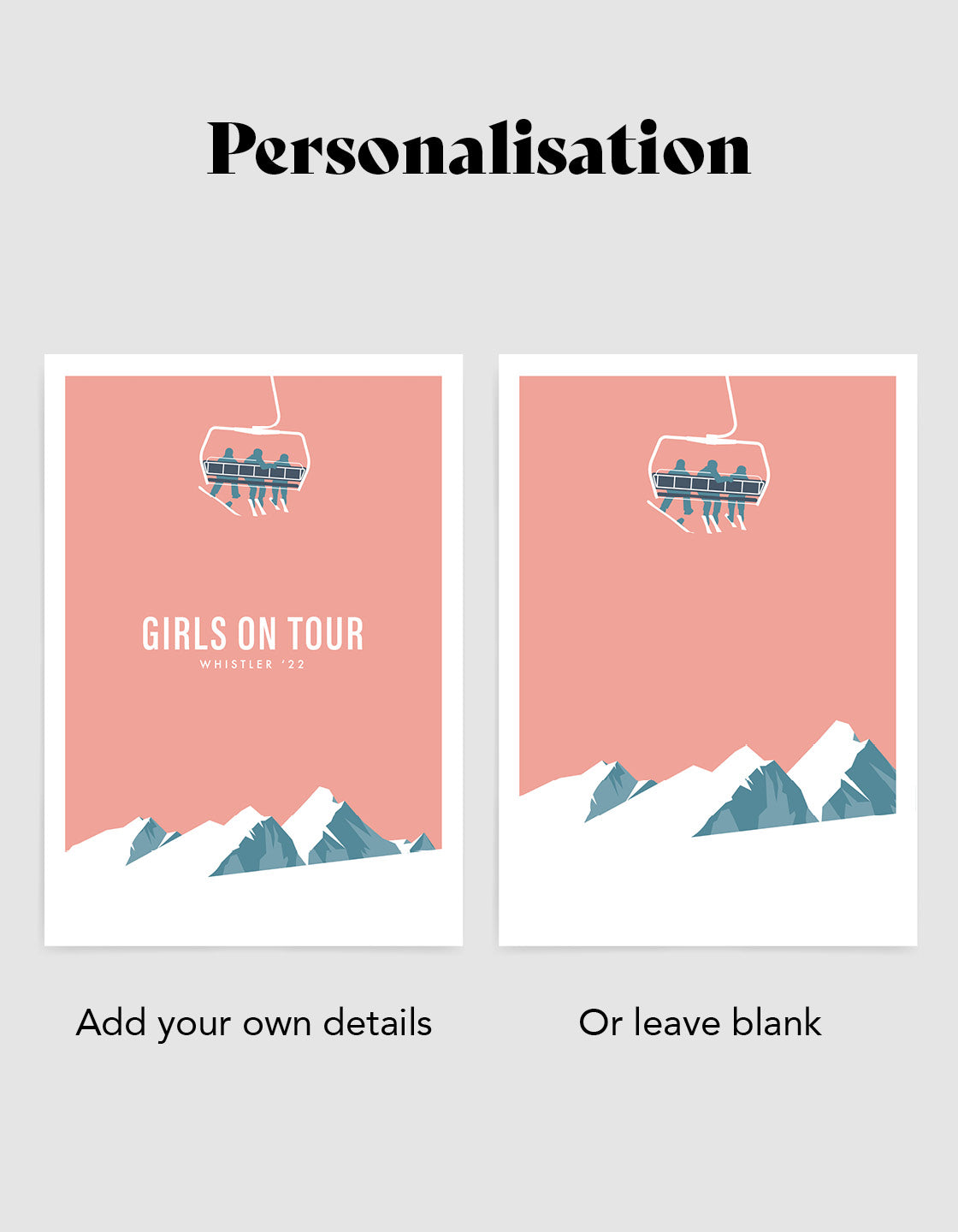 A modern minimal print of a ski chairlift above snow-covered mountains, showcasing a vintage-inspired design.