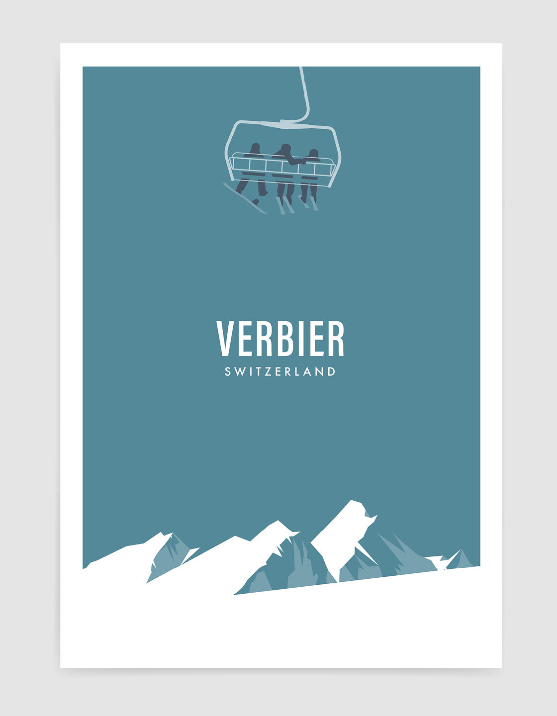 A modern minimal print of a ski chairlift above snow-covered mountains, showcasing a vintage-inspired design.