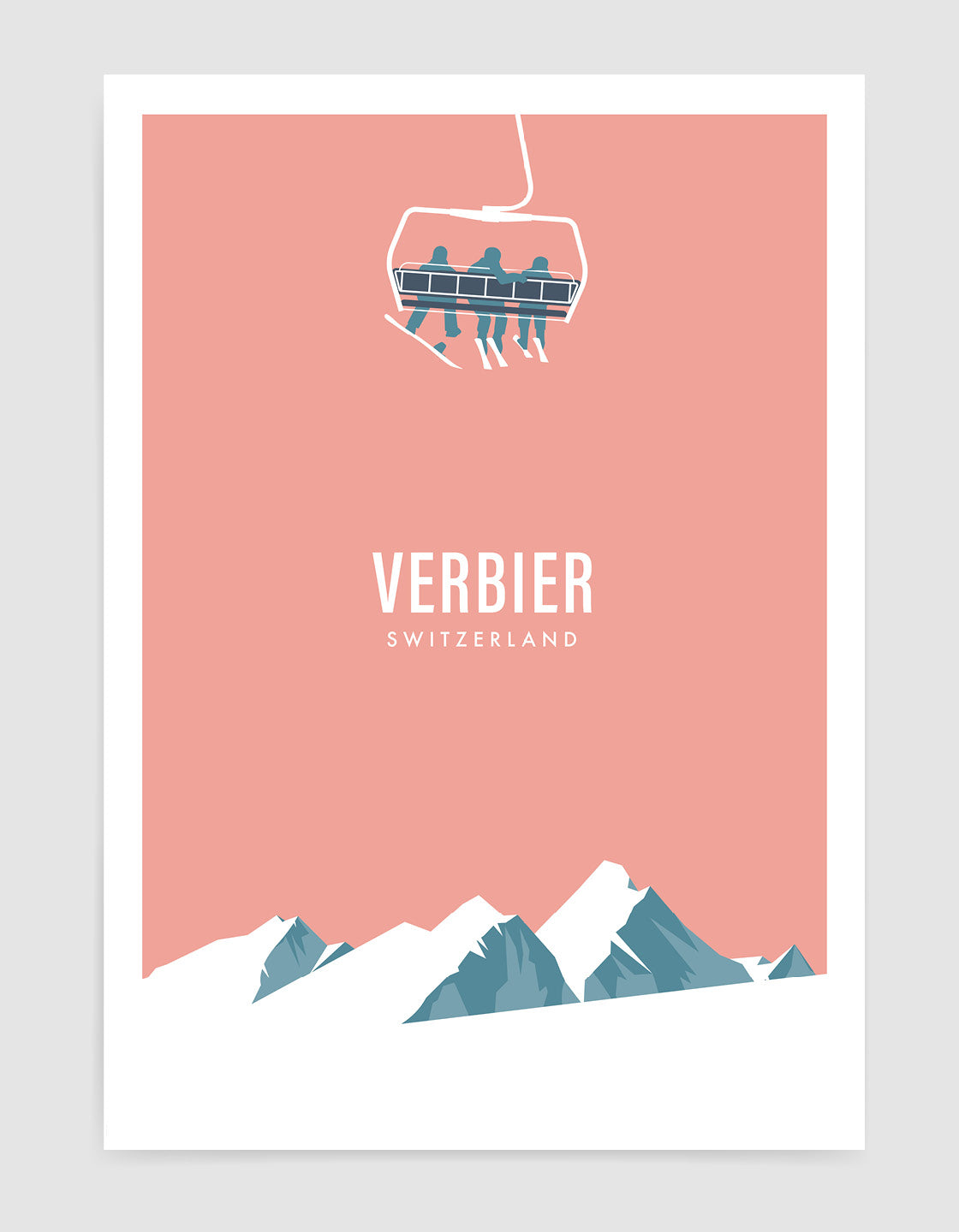 A modern minimal print of a ski chairlift above snow-covered mountains, showcasing a vintage-inspired design.