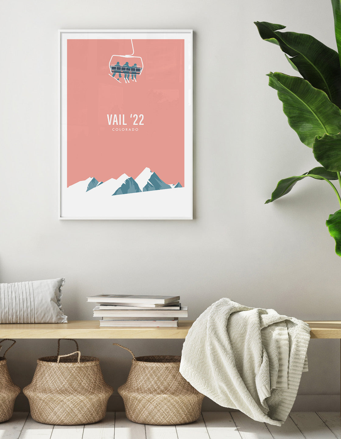 A modern minimal print of a ski chairlift above snow-covered mountains, showcasing a vintage-inspired design.