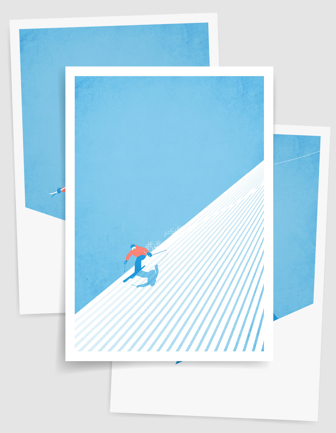 A collection of vintage ski art prints displayed in a stylish gallery wall, showcasing winter landscapes and retro ski scenes.