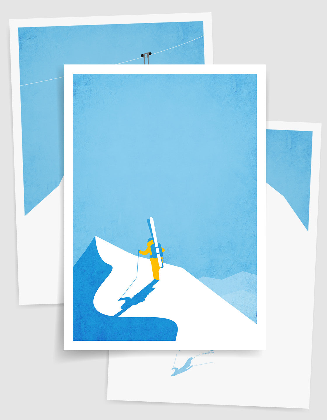 A modern ski gallery wall featuring minimalist ski art prints in various frames, showcasing winter landscapes and skiing themes.
