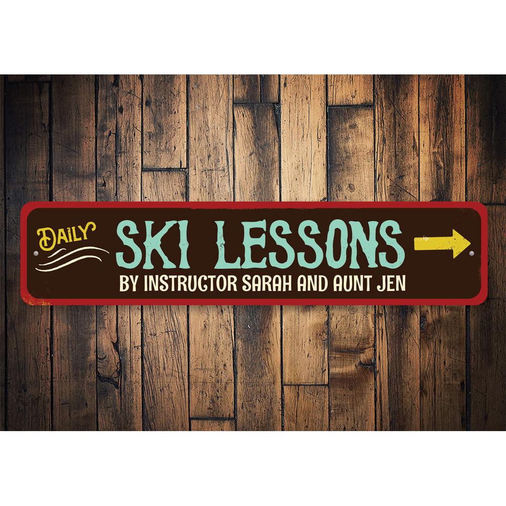 Customizable Ski Lessons Sign made of high-quality aluminum, featuring pre-drilled holes for easy mounting.