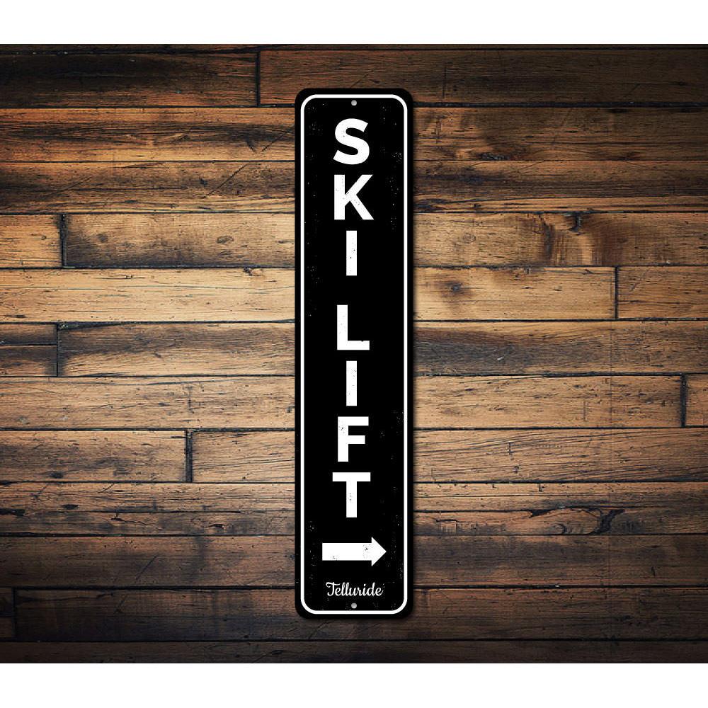 Ski Lift Vertical Sign featuring a decorative ski theme, made from high-quality aluminum with customizable text options.