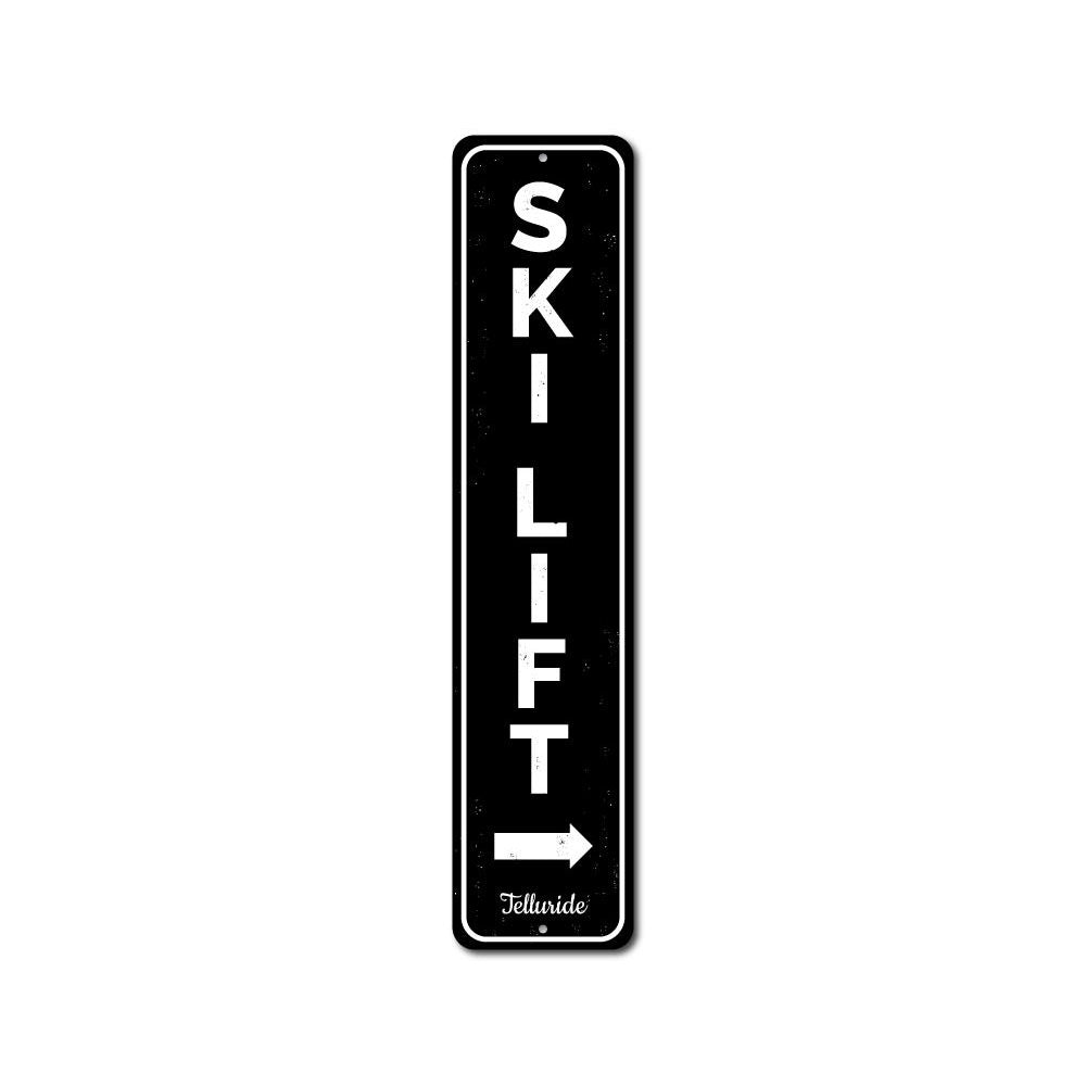 Ski Lift Vertical Sign featuring a decorative ski theme, made from high-quality aluminum with customizable text options.