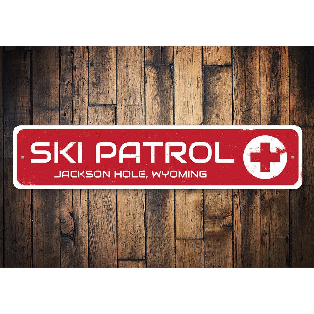 Customizable Ski Patrol Sign made from high-quality aluminum, featuring pre-drilled holes for easy mounting.