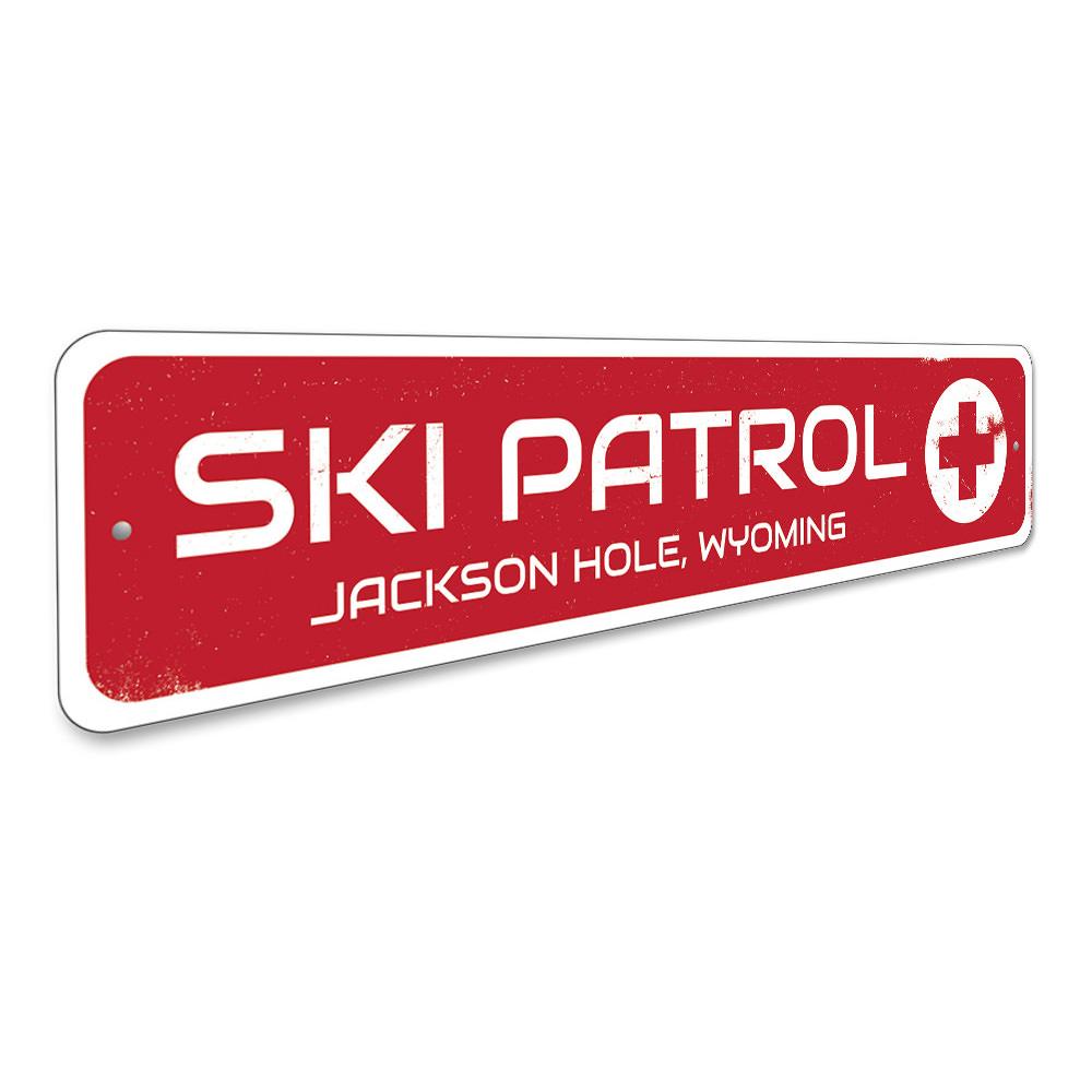 Customizable Ski Patrol Sign made from high-quality aluminum, featuring pre-drilled holes for easy mounting.