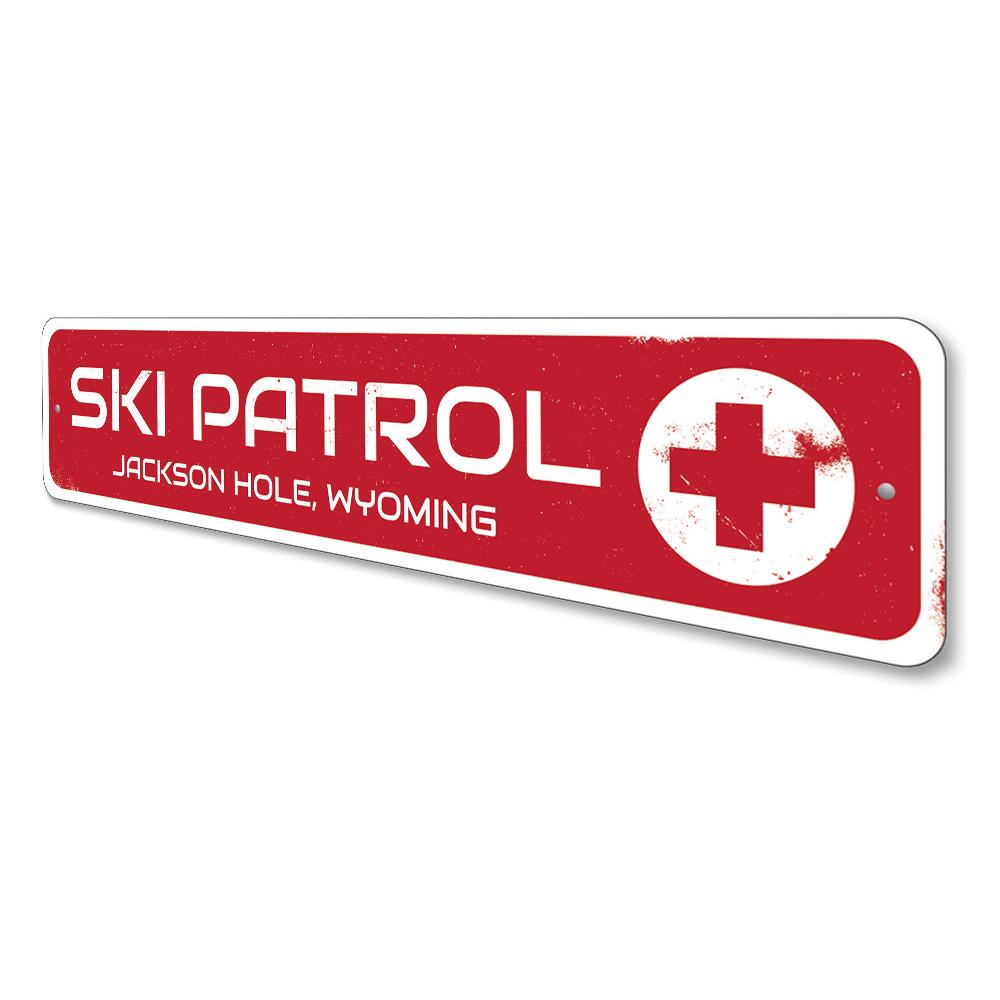 Customizable Ski Patrol Sign made from high-quality aluminum, featuring pre-drilled holes for easy mounting.