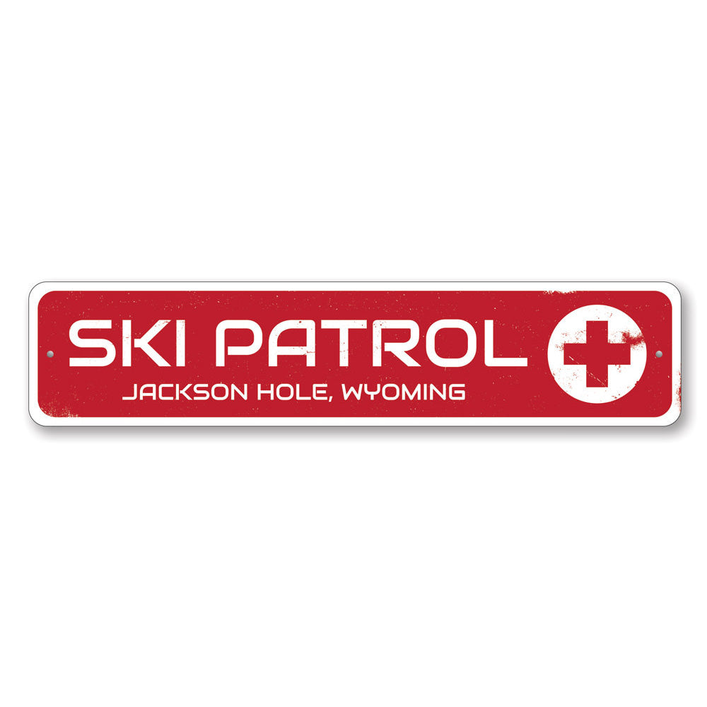 Customizable Ski Patrol Sign made from high-quality aluminum, featuring pre-drilled holes for easy mounting.