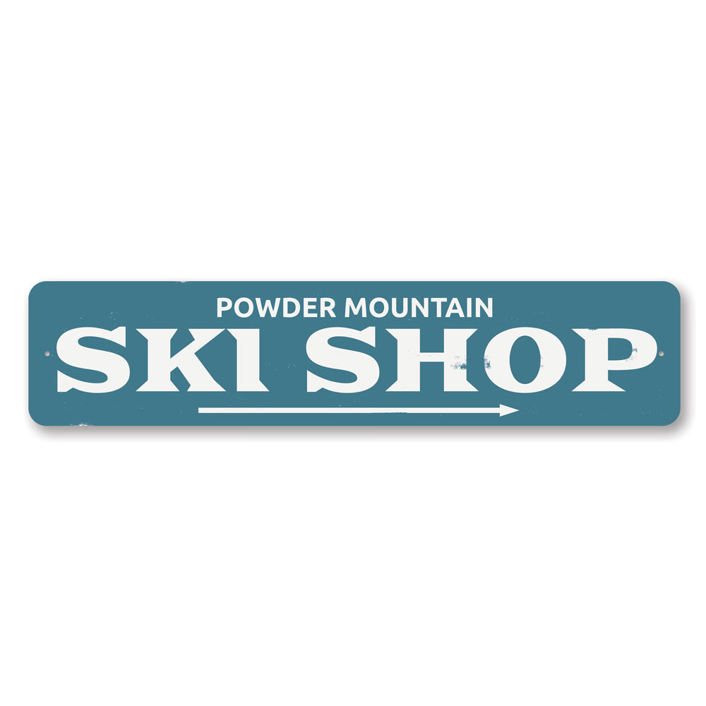 Customizable Ski Shop Directional Sign made of high-quality aluminum, featuring pre-drilled holes for easy mounting.