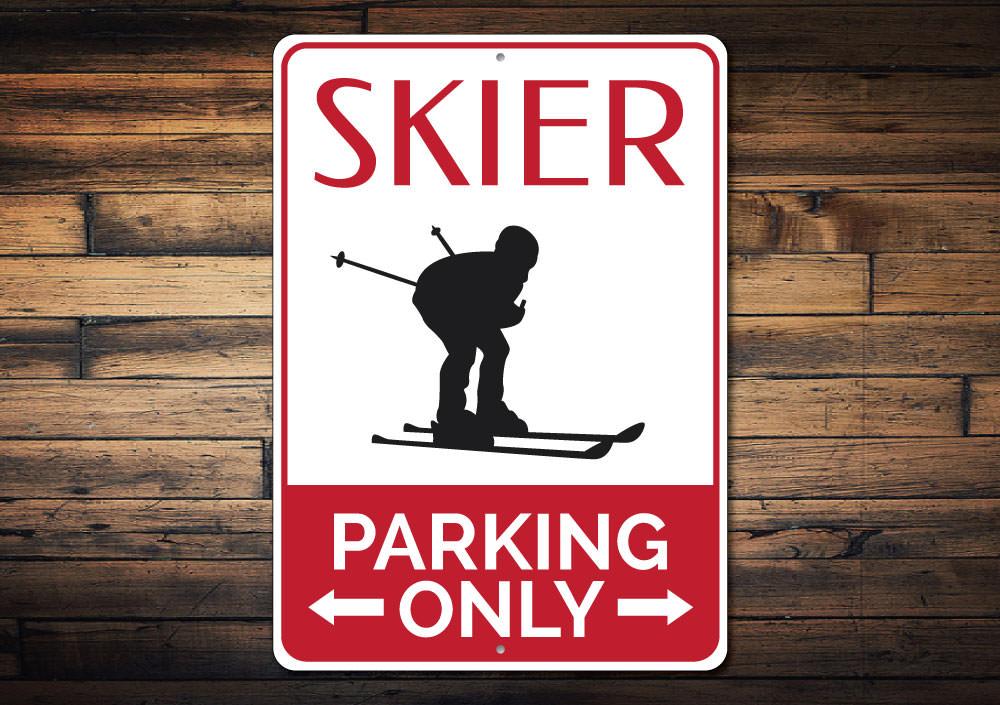 A vibrant Skier Parking Sign made of durable aluminum, featuring a unique skiing design, perfect for reserving parking spots.