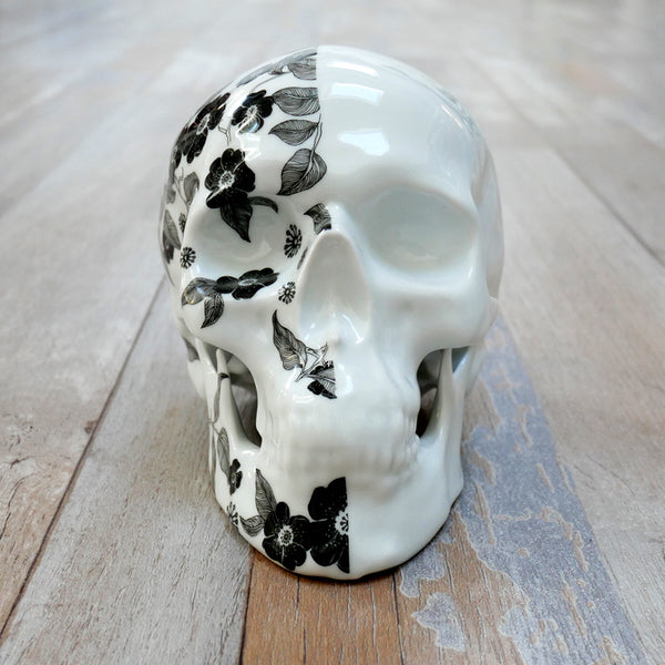 Skull Fleurs Noires 2 by NooN, a unique handcrafted porcelain skull with intricate designs, part of a limited edition series.